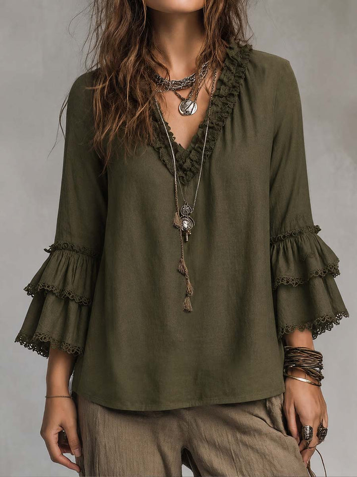Ruffled Lace Cotton Linen Long-sleeved Blouse