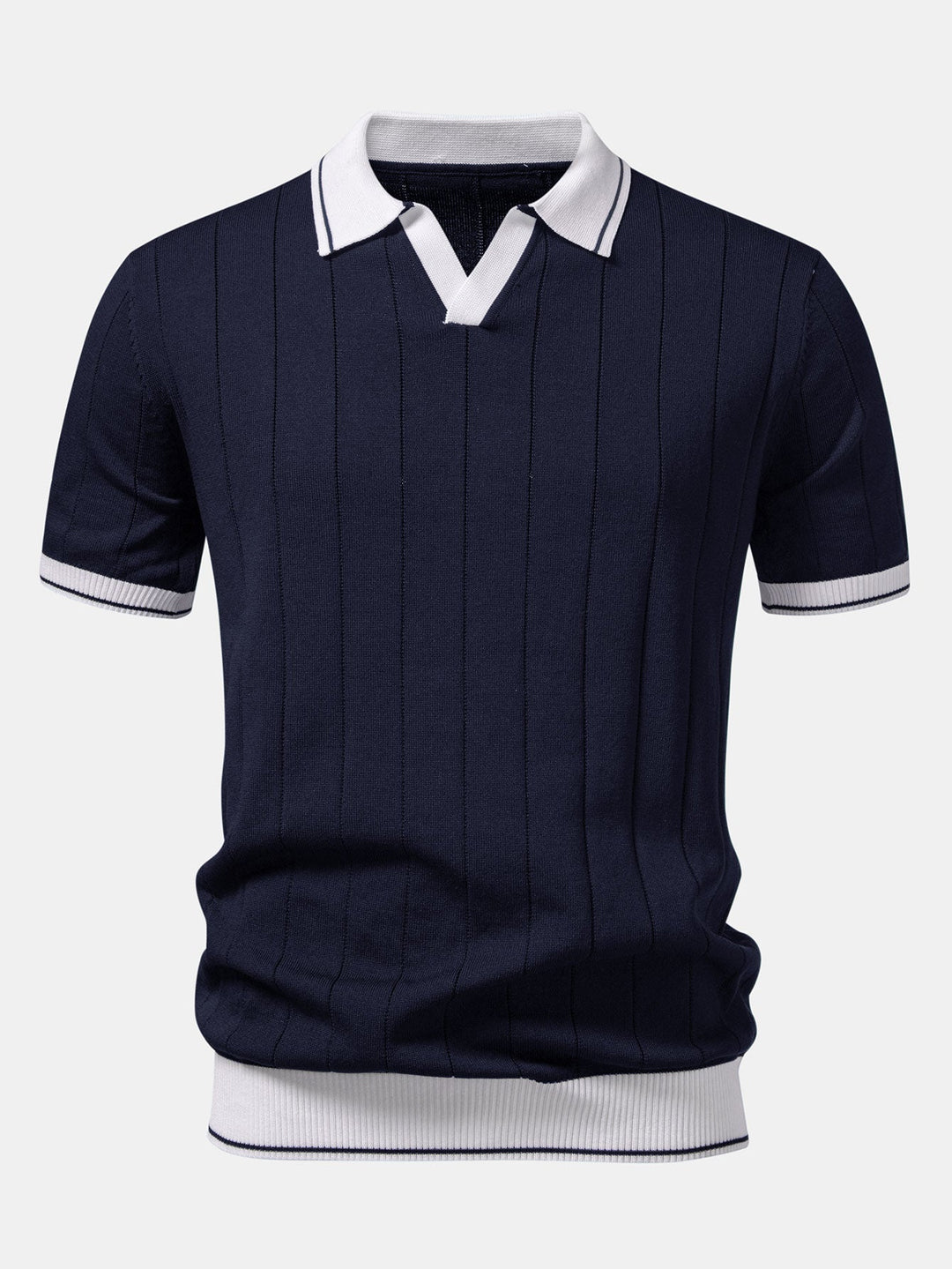 Bobby | Contrast Trim Ribbed Johnny Collar Knit Polo & Elastic Waist Straight Leg Trousers