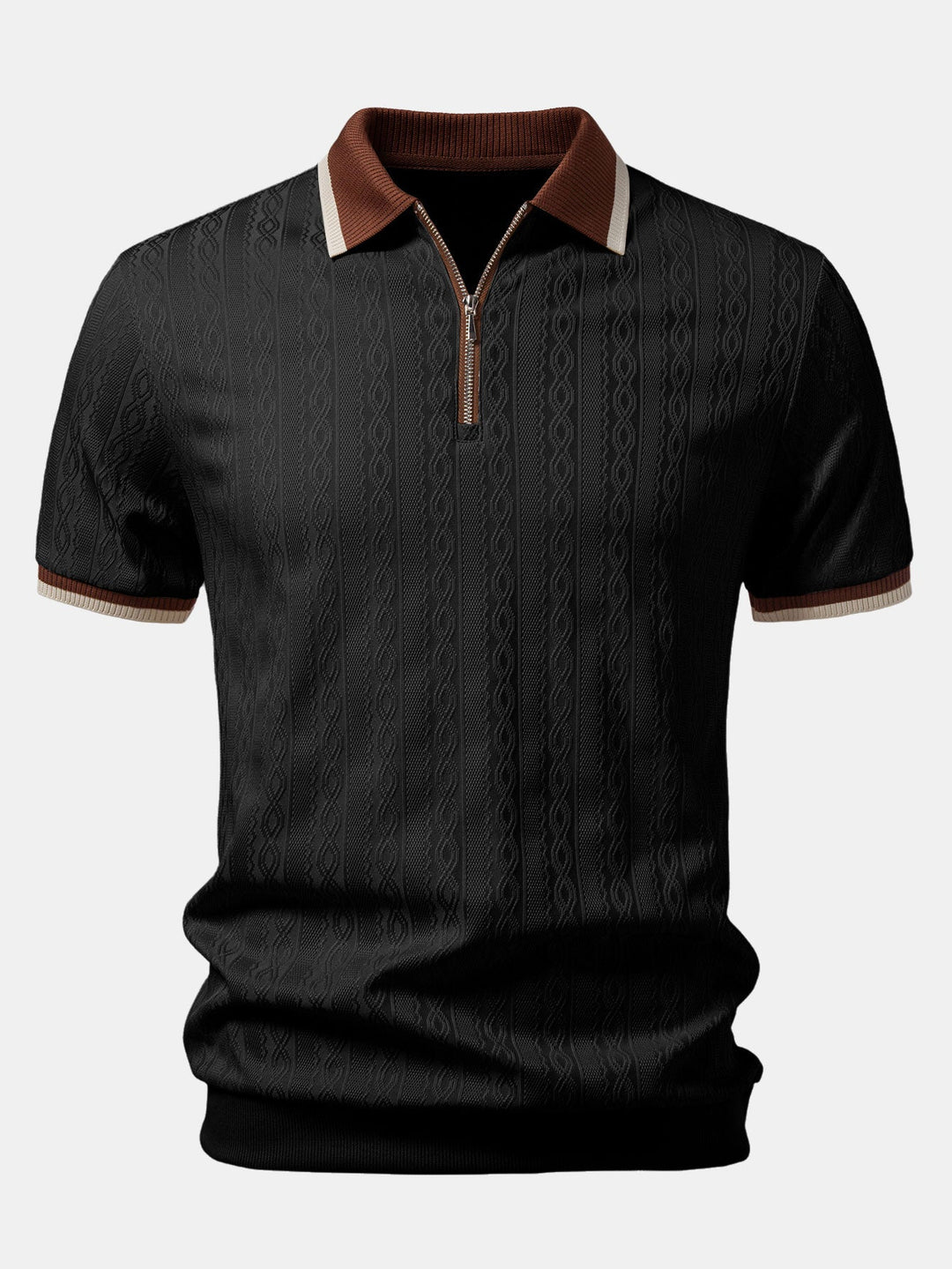Brian | Contrast Trim Textured Zipper Knit Polo & Elastic Waist Straight Leg Trousers