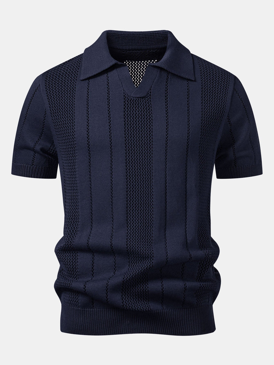 Eddie | Johnny Collar Striped Open Knit Polo & Straight Leg Linen Pants