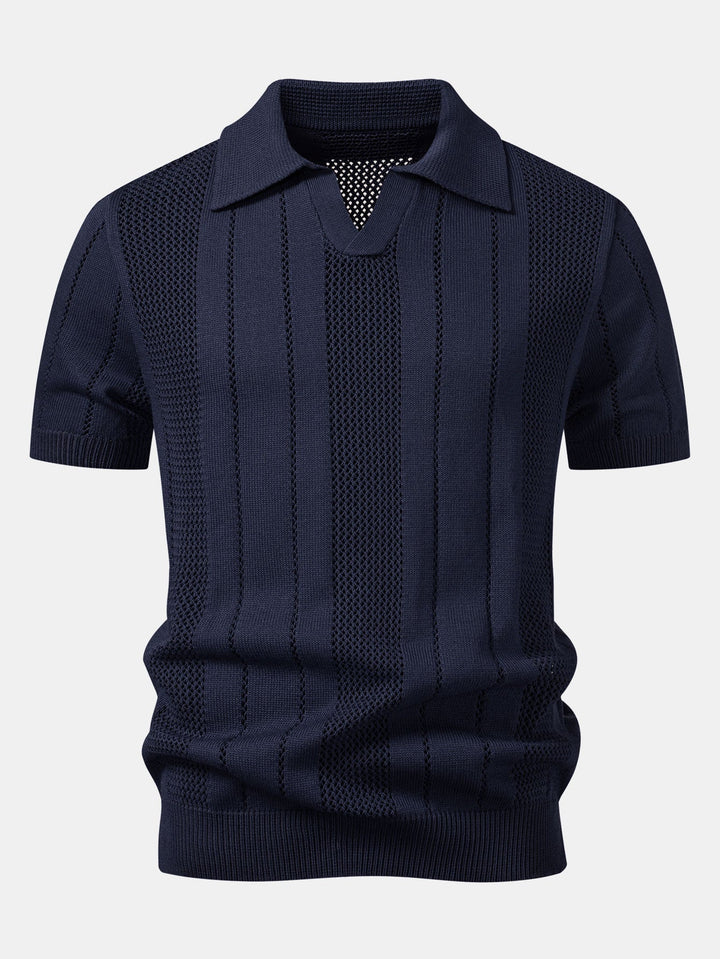 Eddie | Johnny Collar Striped Open Knit Polo & Straight Leg Linen Pants