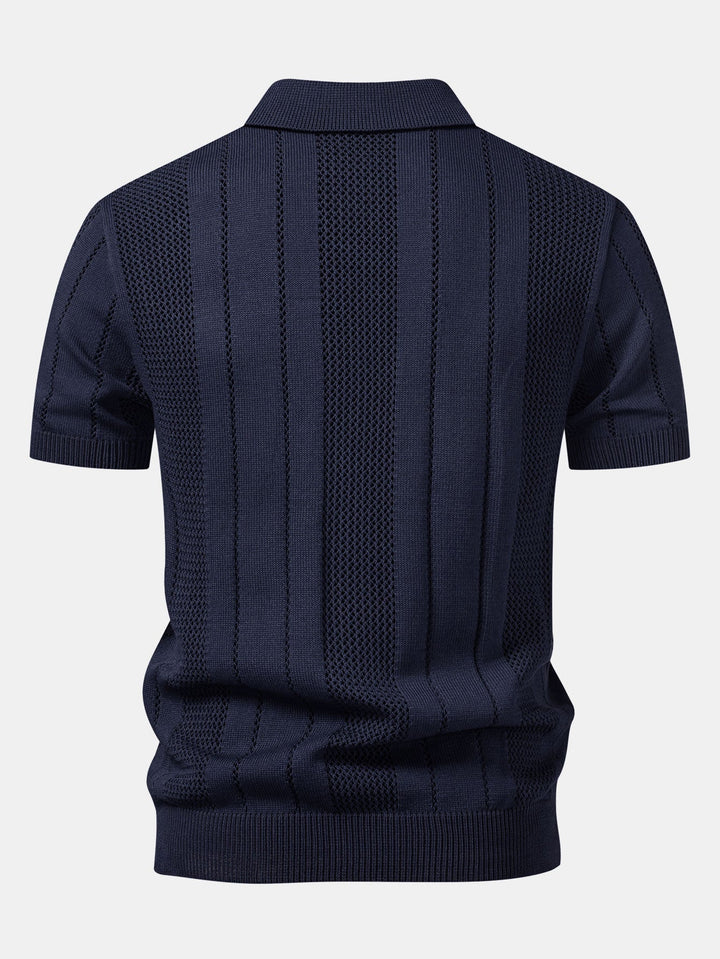 Eddie | Johnny Collar Striped Open Knit Polo & Straight Leg Linen Pants