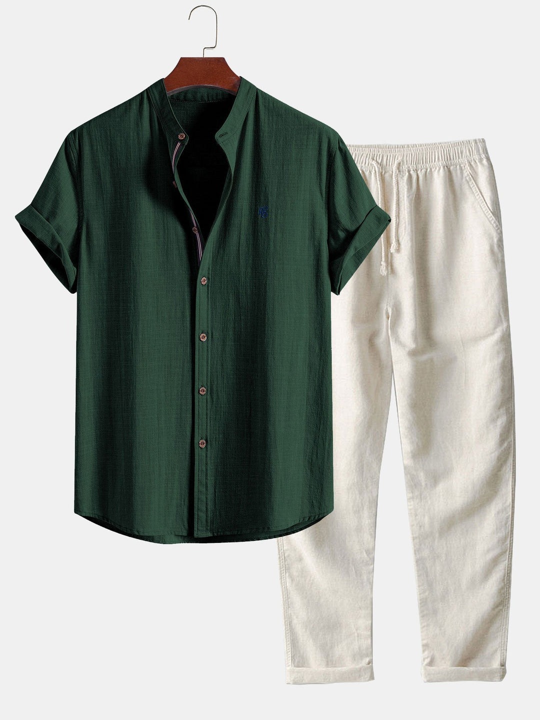 Tom | Short Sleeve Linen Look Stand Collar Shirt & Straight Leg Linen Pants