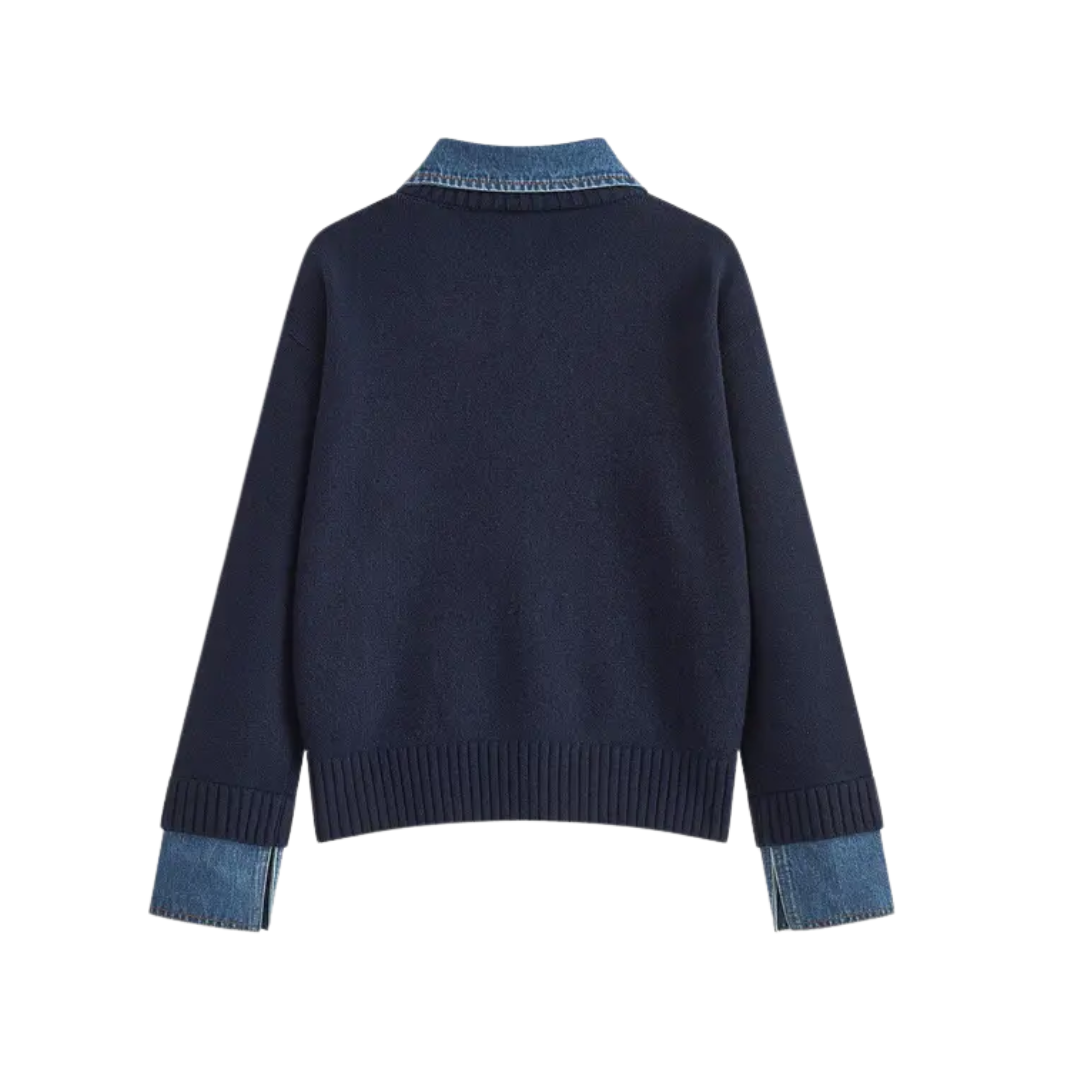 SOLVEI™ | Cozy Polo Denim Sleeve 2 in 1 Panel Lapel Sweater