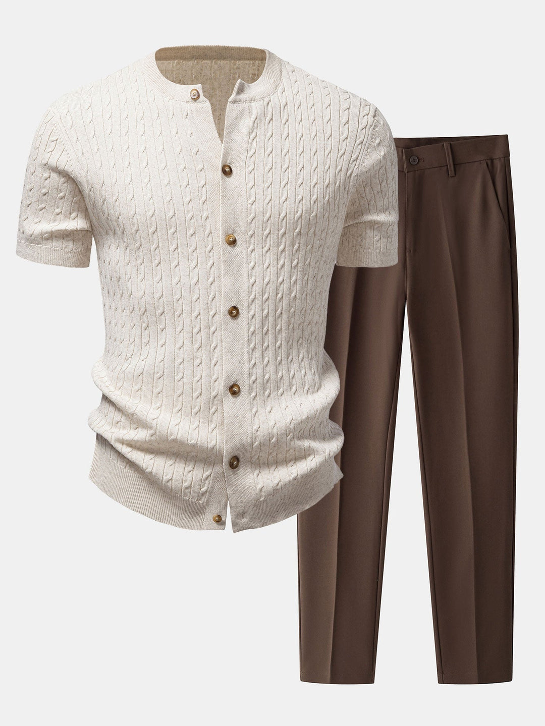 Victor | Twisted Jacquard Crew Neck Button Up Knit Shirt & Slim Fit Tapered Trousers