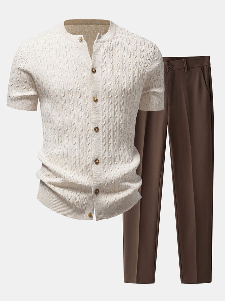 Victor | Twisted Jacquard Crew Neck Button Up Knit Shirt & Slim Fit Tapered Trousers