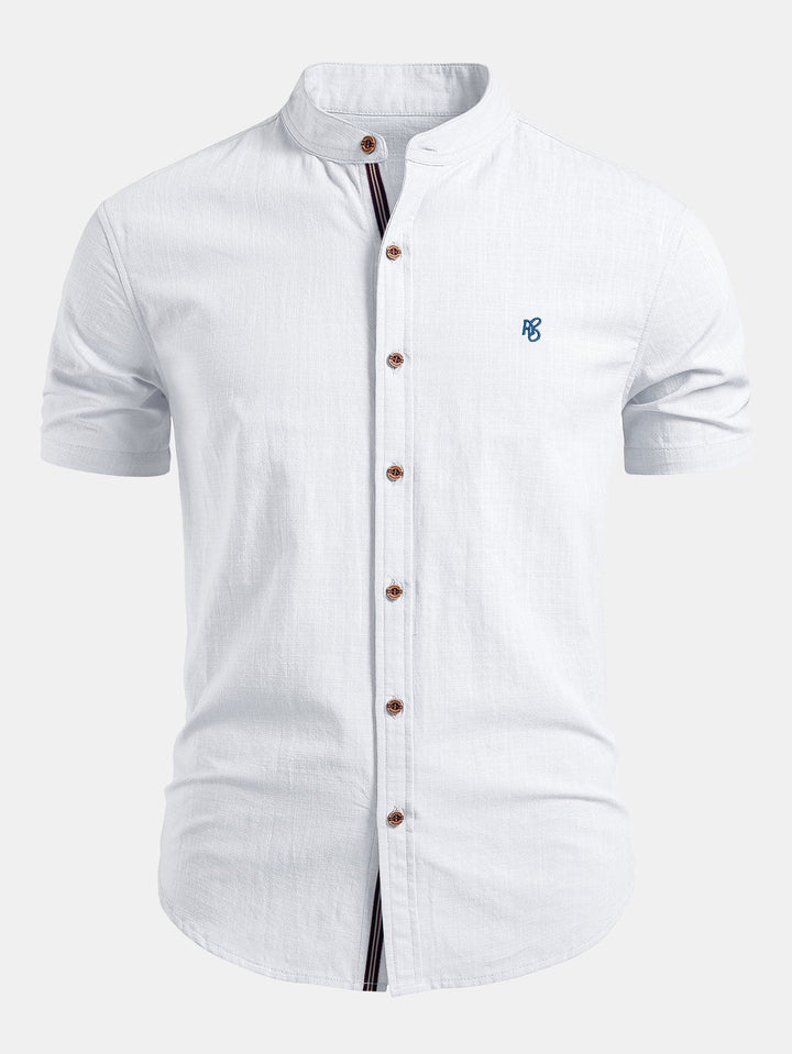 Tom | Short Sleeve Linen Look Stand Collar Shirt & Straight Leg Linen Pants