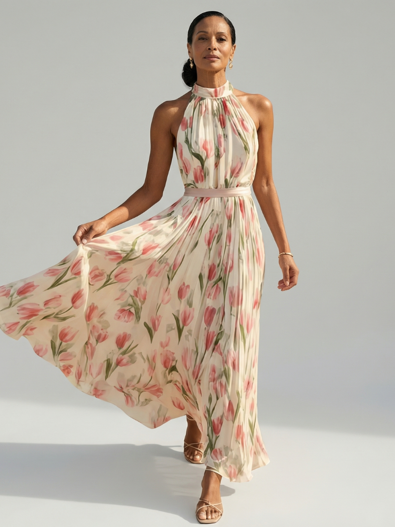 Aurelle | Midi Dress with Halter Neck and Flowers