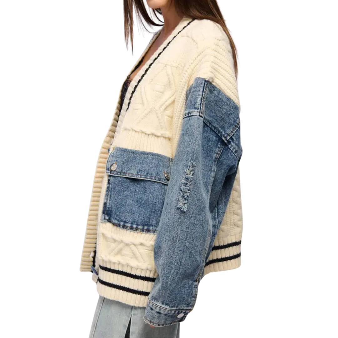FRANCEL™ | Relaxed Denim Patchwork Knit Cardigan