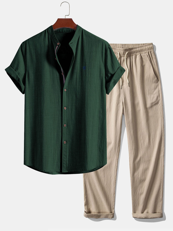 Peter | Short Sleeve Linen Look Stand Collar Shirt & Crinkle Textured Straight Leg Pants