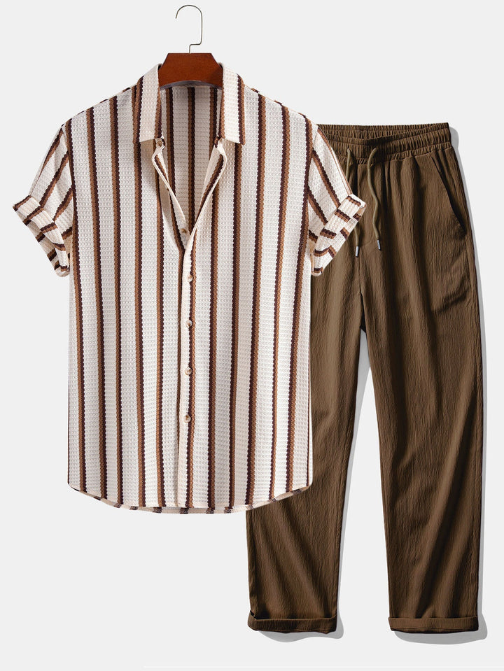 Nicola | Stripe Waffle Button Up Shirt & Crinkle Textured Straight Leg Pants