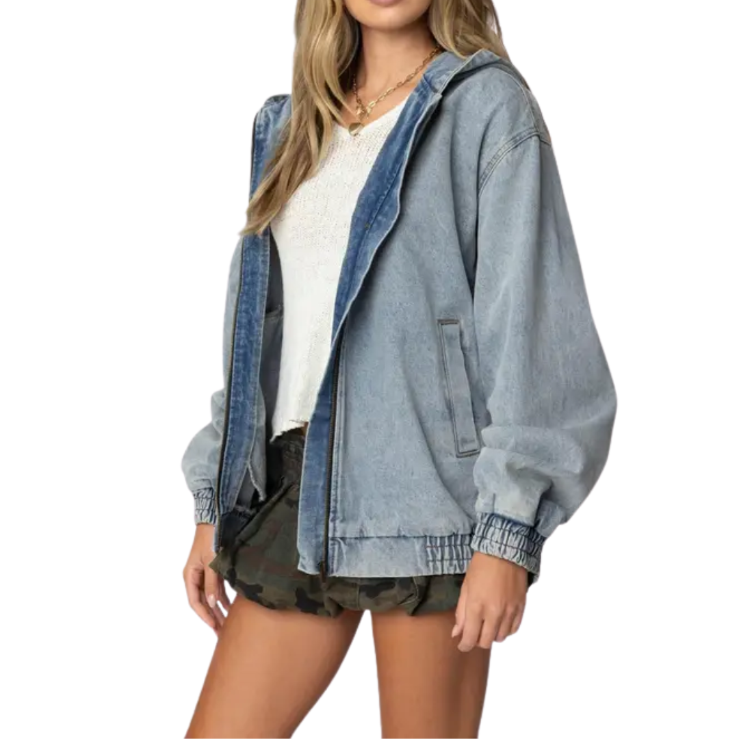 FRANNI™ – Hooded Vintage Washed Denim Bomber Jacket