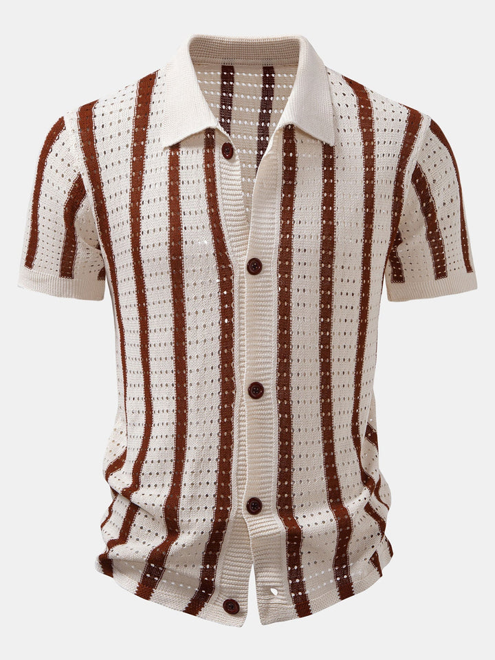 Dan | Stripe Open Knit Shirt & Crinkle Textured Drawstring 5" Shorts