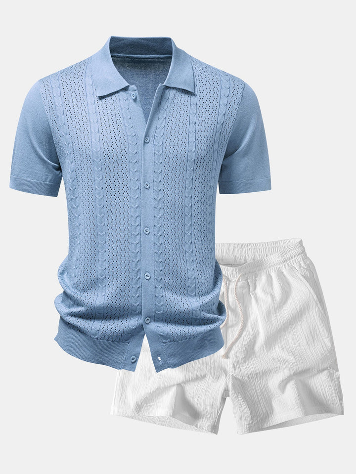 Twisted Jacquard Button Up Knit Shirt & Crinkle Textured Drawstring 5" Shorts