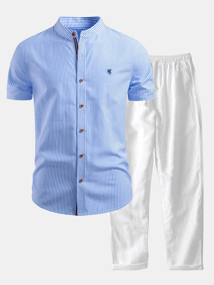 Mario | Short Sleeve Cotton Stripe Stand Collar Shirt & Straight Leg Linen Pants