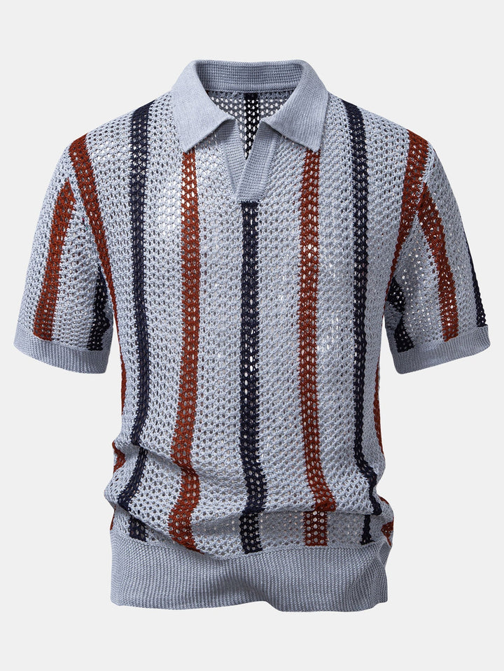 Sam | Gestreepte gehaakte V-hals Polo & linnen broek met rechte pijpen