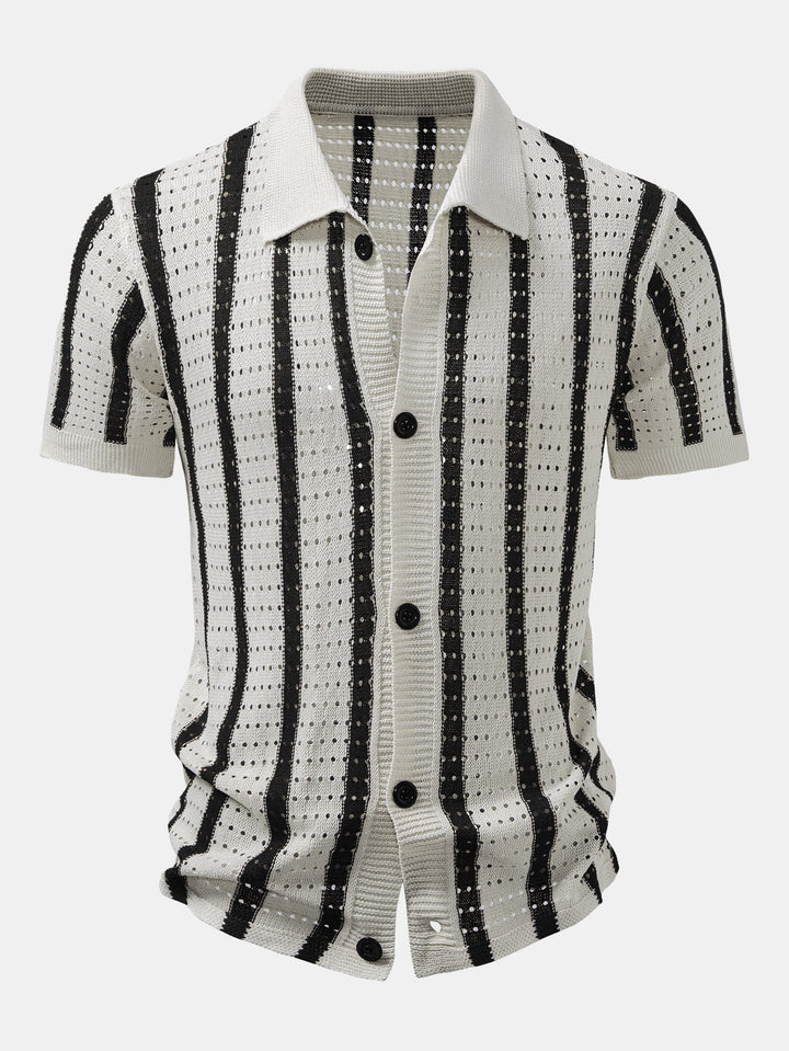 Dan | Stripe Open Knit Shirt & Crinkle Textured Drawstring 5" Shorts