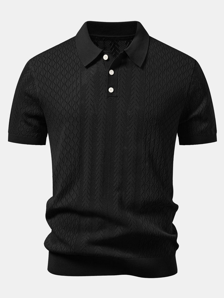 Calix | Geometric Jacquard Open Knit Polo & Crinkle Textured Straight Leg Pants