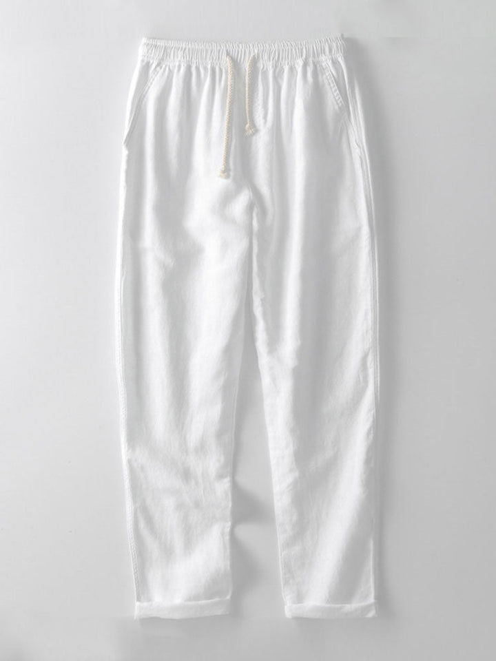 Eddie | Johnny Collar Striped Open Knit Polo & Straight Leg Linen Pants
