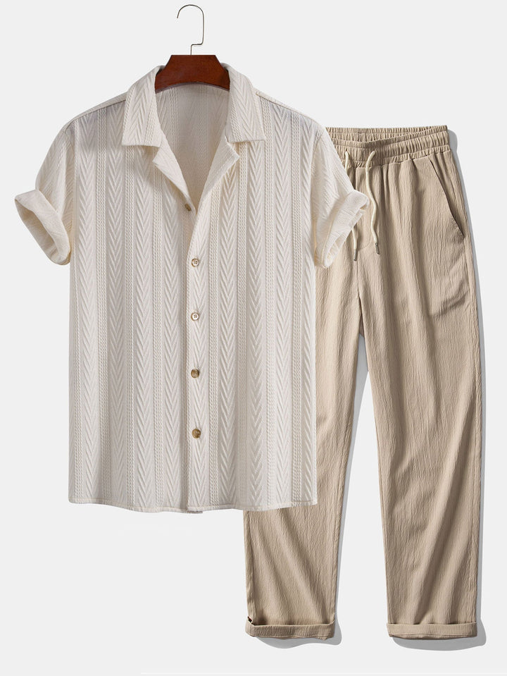 Donovan | Textuur Jacquard Cubaanse Shirt & Kreukel Textuur Rechte Pantalon