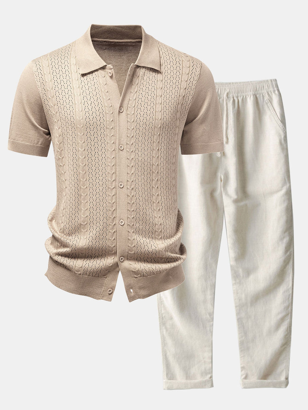 Jalen | Twisted Jacquard Button Up Knit Shirt & Straight Leg Linen Pants