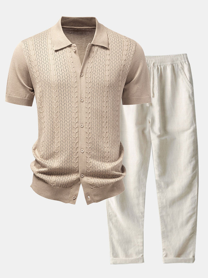 Jalen | Twisted Jacquard Button Up Knit Shirt & Straight Leg Linen Pants