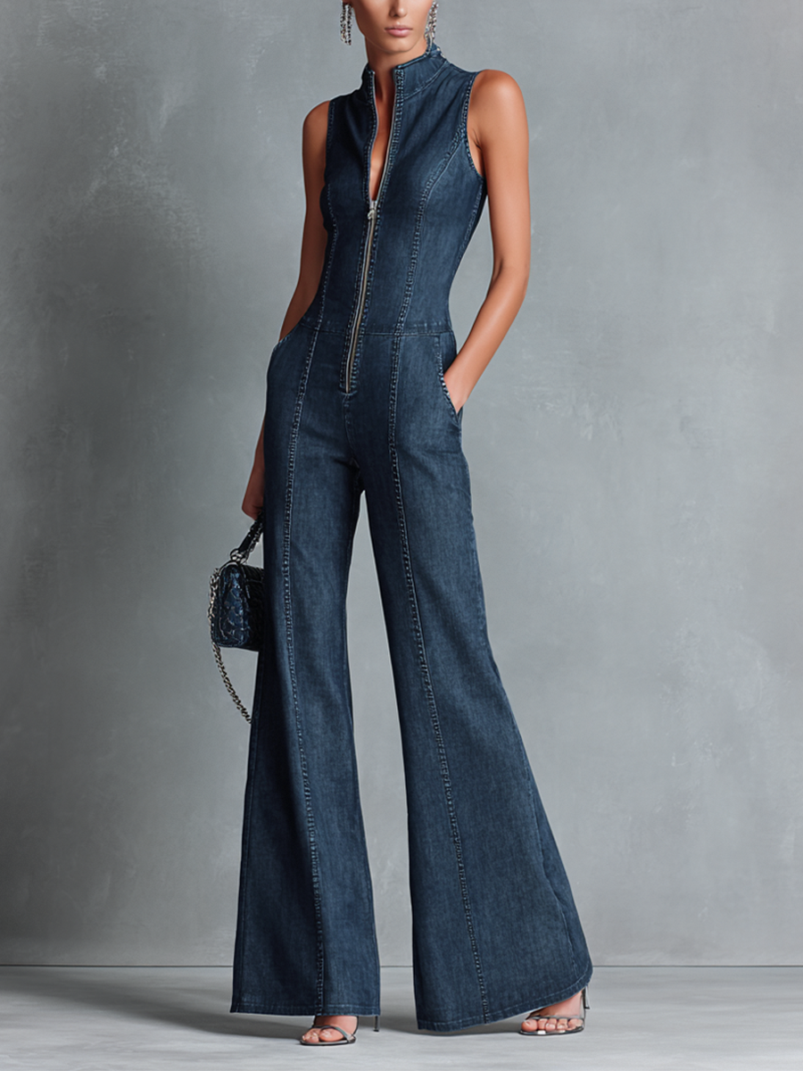 Lana | Sleeveless Jumpsuit with a Flared High Collar in Retro Style and a Zipper at the Front