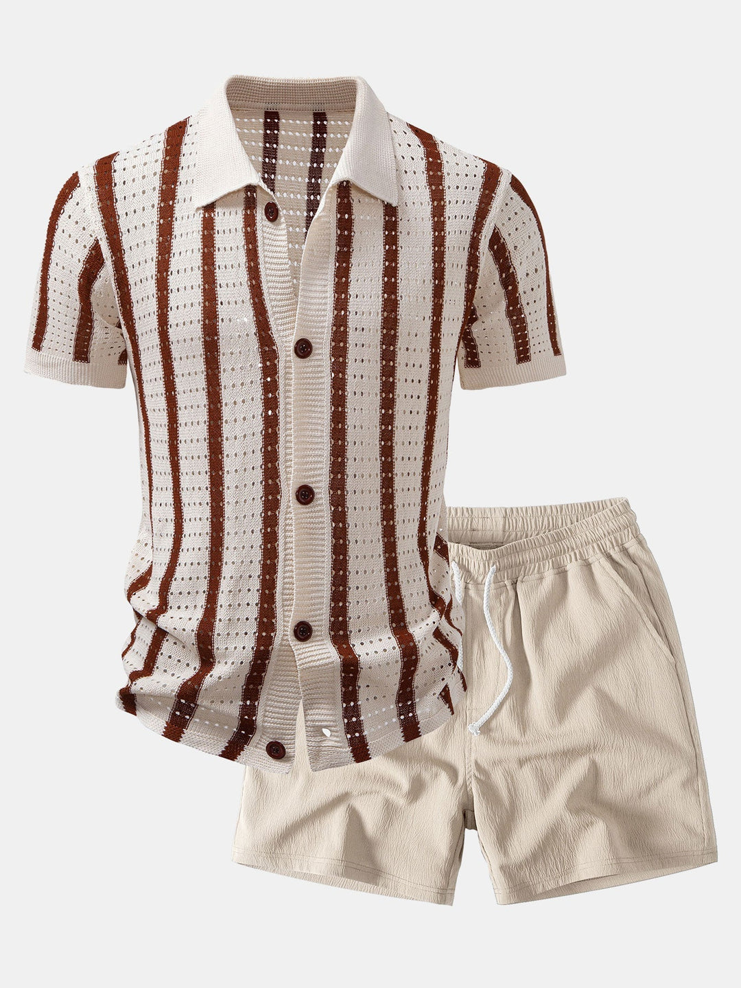 Dan | Stripe Open Knit Shirt & Crinkle Textured Drawstring 5" Shorts