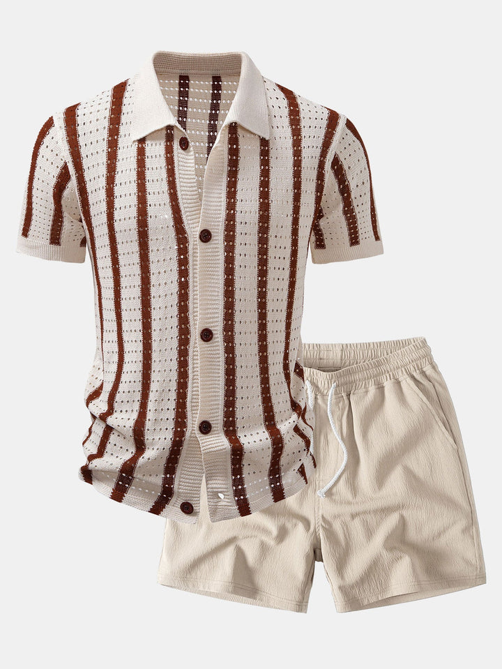 Dan | Stripe Open Knit Shirt & Crinkle Textured Drawstring 5" Shorts