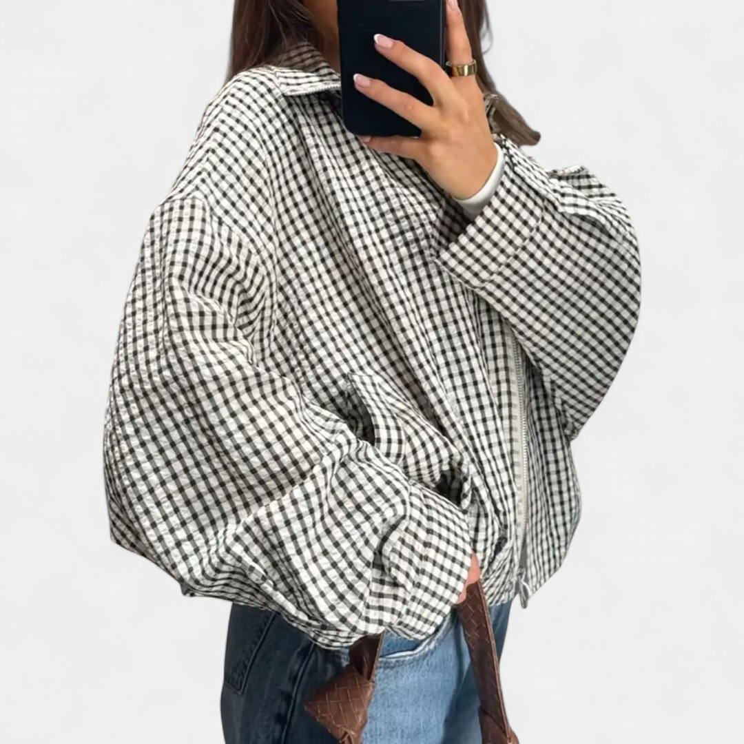 BEXLYN™ – Gingham Check Cropped Bomber Jacket