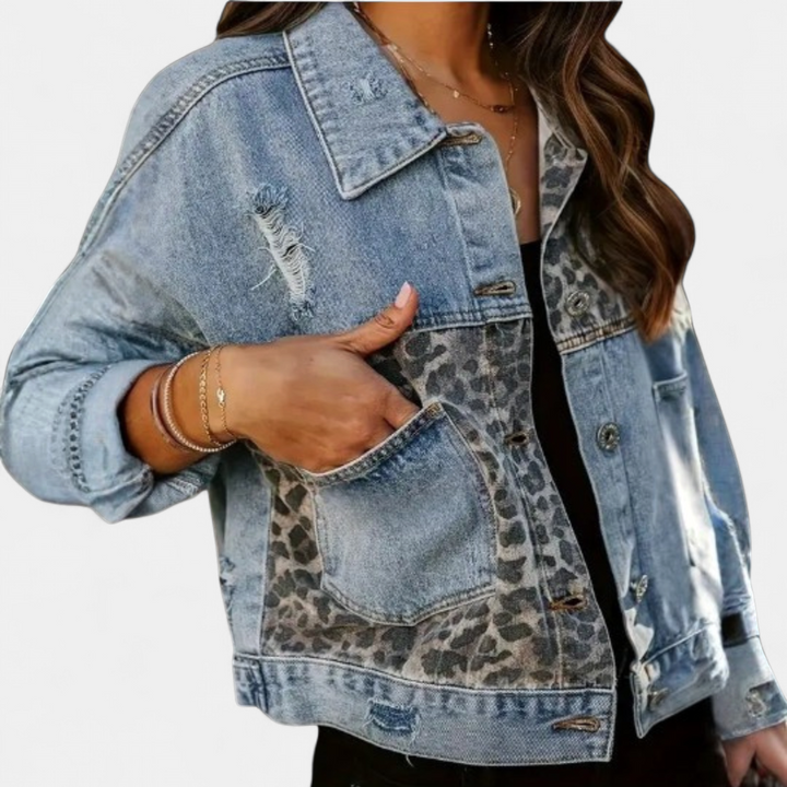 BRECKA™ – Wild Leopard Patch Denim Jacket