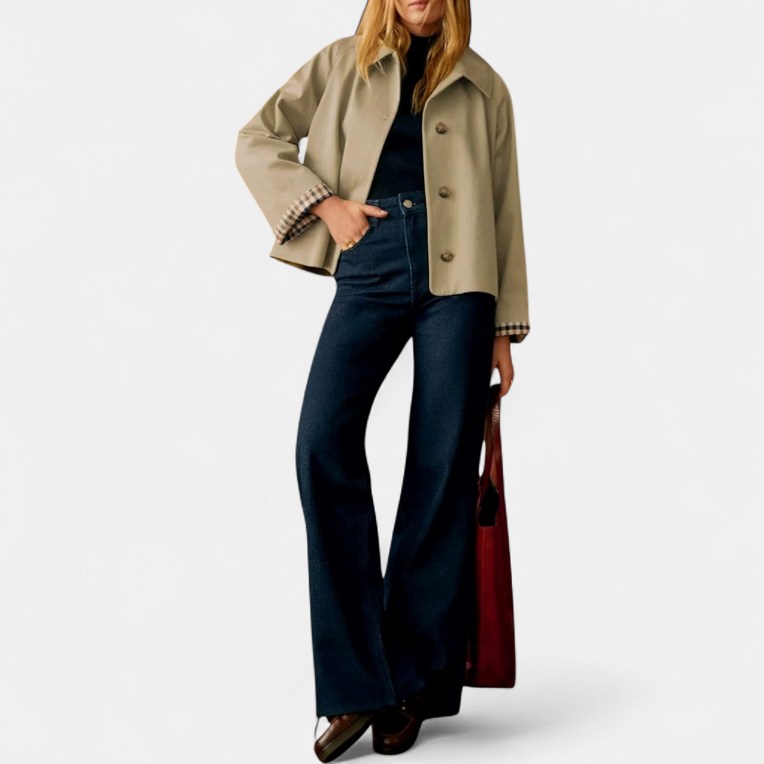 CORETTE™ – Classic Plaid-Lined Cropped Trench Coat