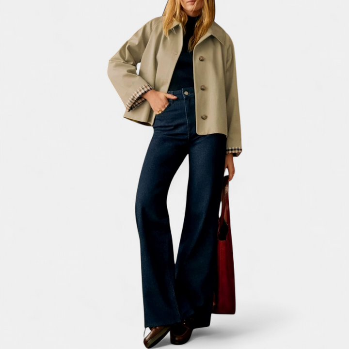 CORETTE™ – Classic Plaid-Lined Cropped Trench Coat