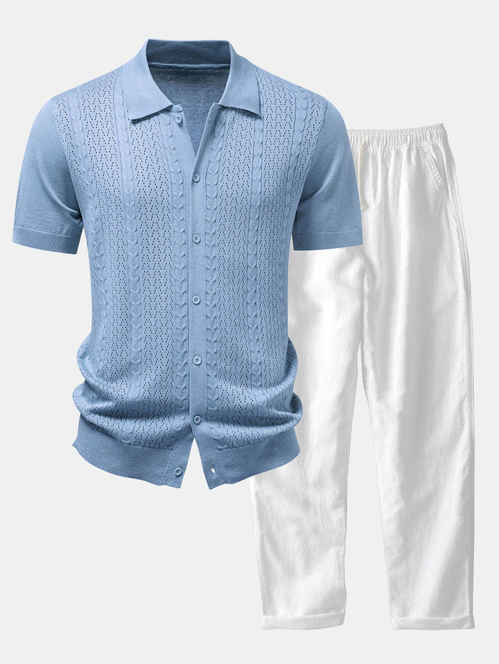 Jalen | Twisted Jacquard Button Up Knit Shirt & Straight Leg Linen Pants