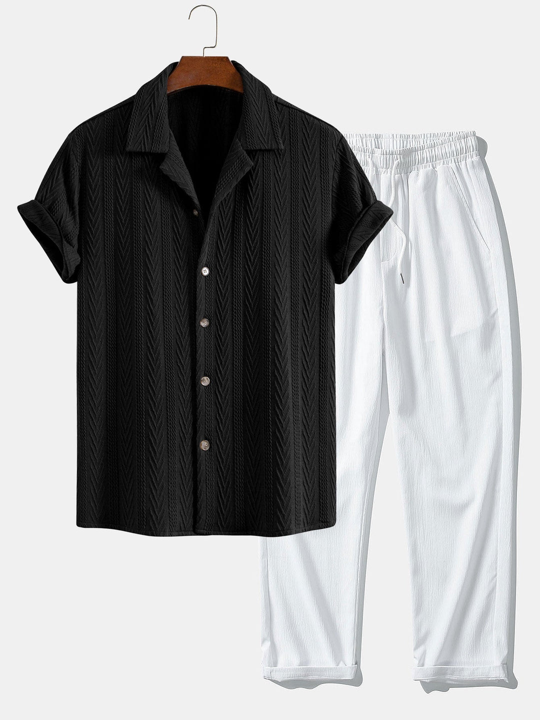 Donovan | Textuur Jacquard Cubaanse Shirt & Kreukel Textuur Rechte Pantalon