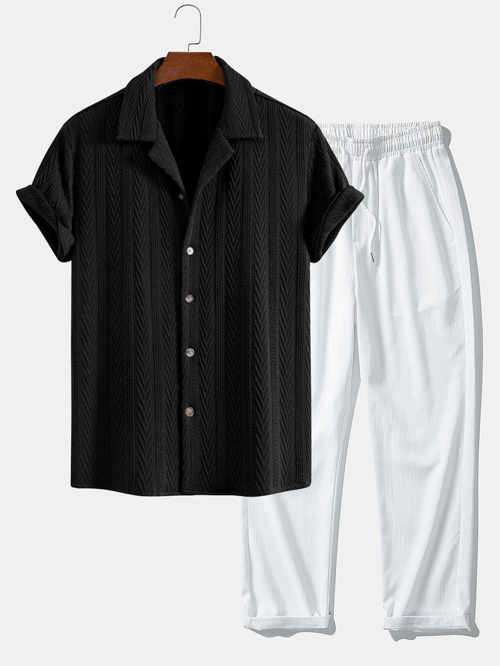 Donovan | Textuur Jacquard Cubaanse Shirt & Kreukel Textuur Rechte Pantalon
