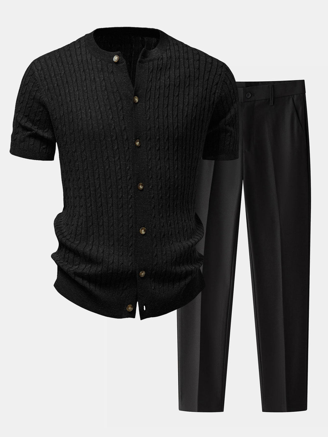 Victor | Twisted Jacquard Crew Neck Button Up Knit Shirt & Slim Fit Tapered Trousers