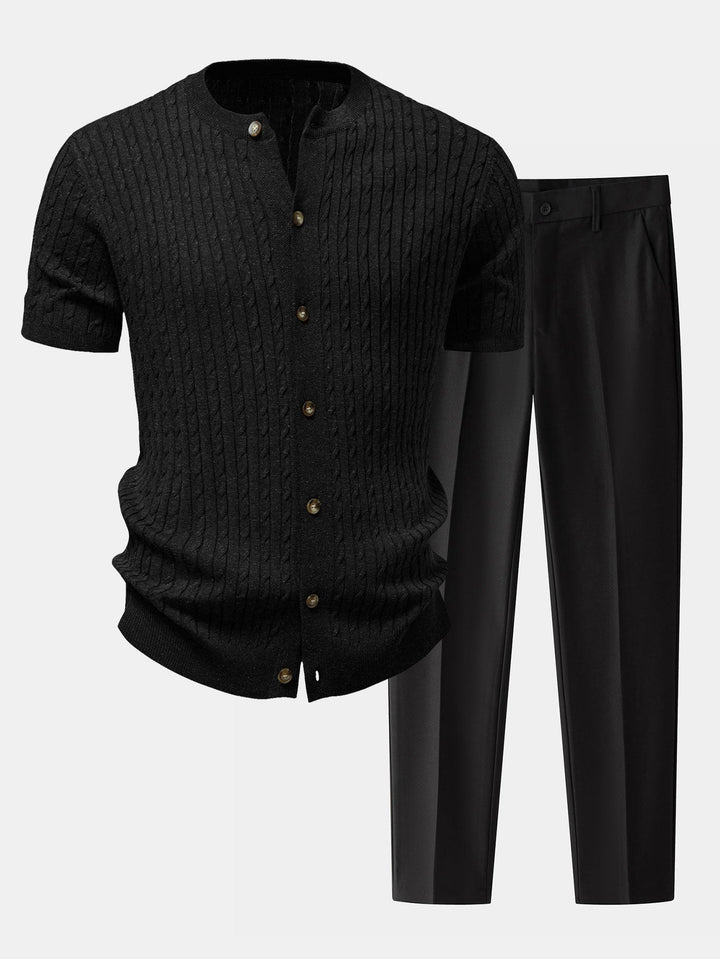 Victor | Twisted Jacquard Crew Neck Button Up Knit Shirt & Slim Fit Tapered Trousers