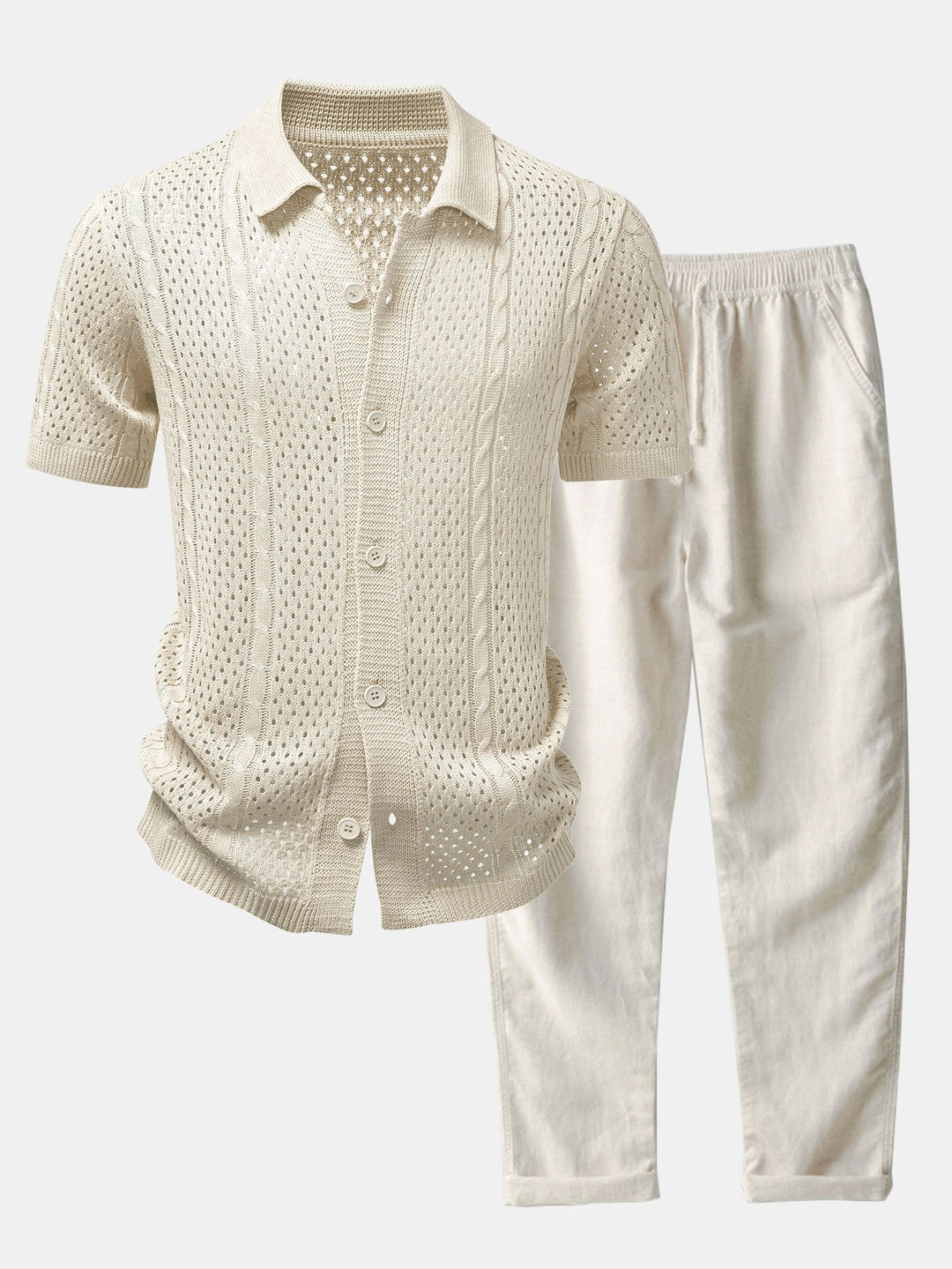 Open Knit Shirt & Straight Leg Linen Pants