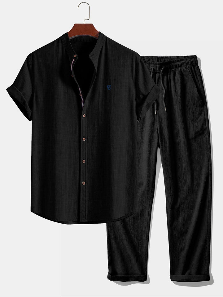 Peter | Short Sleeve Linen Look Stand Collar Shirt & Crinkle Textured Straight Leg Pants