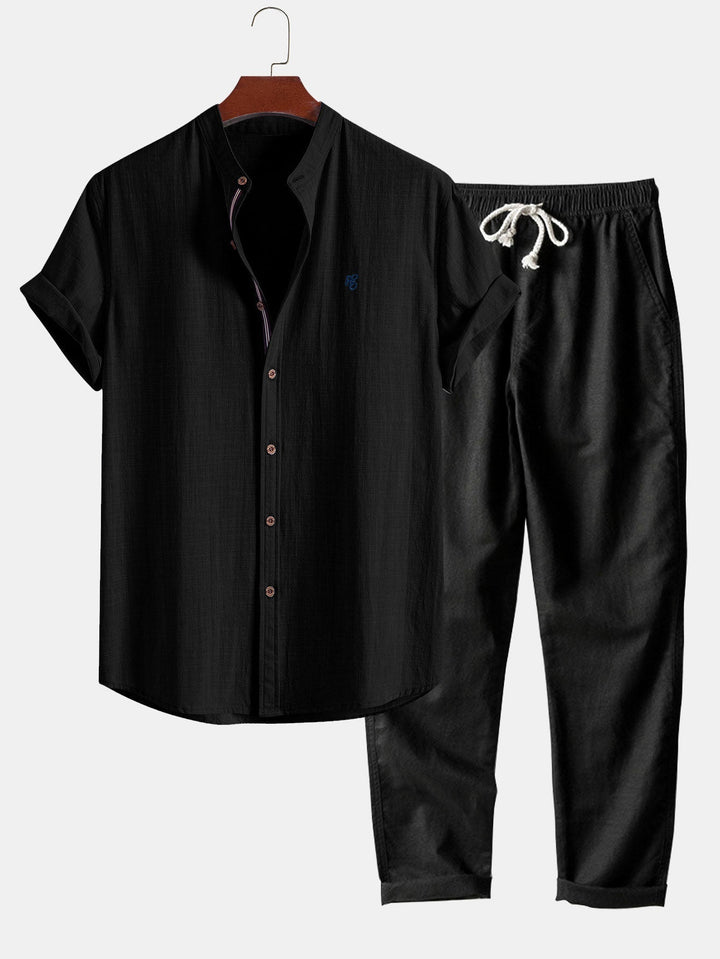 Tom | Short Sleeve Linen Look Stand Collar Shirt & Straight Leg Linen Pants