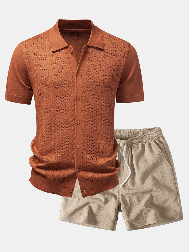 Twisted Jacquard Button Up Knit Shirt & Crinkle Textured Drawstring 5" Shorts