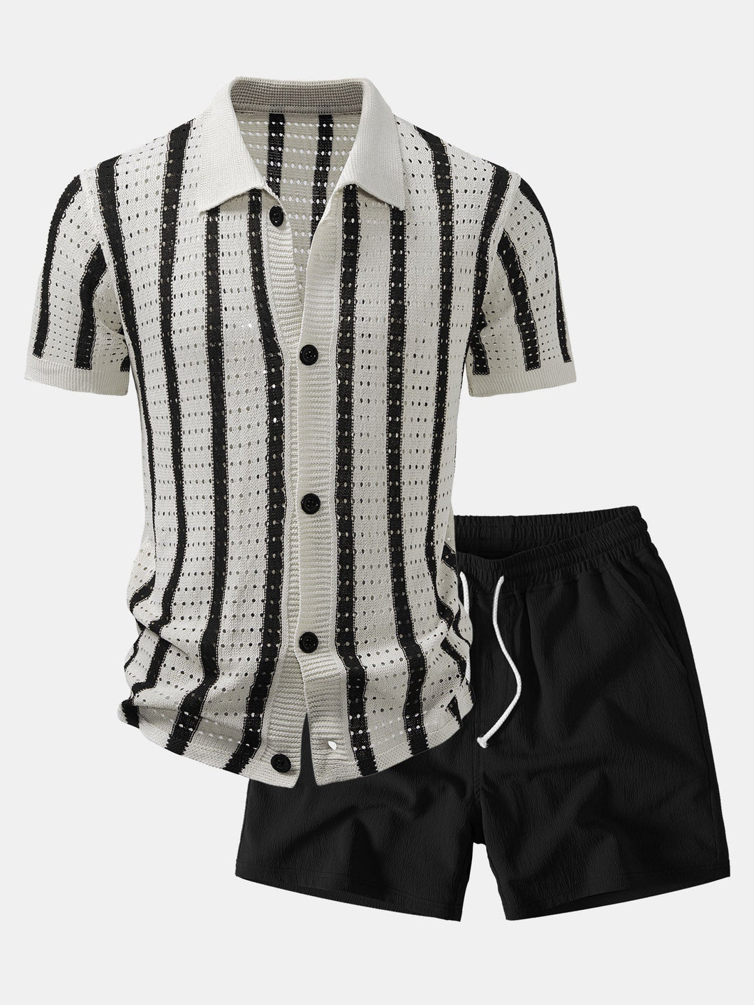 Dan | Stripe Open Knit Shirt & Crinkle Textured Drawstring 5" Shorts