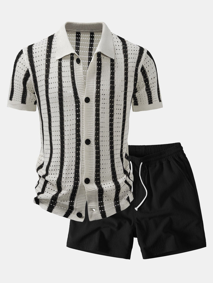 Dan | Stripe Open Knit Shirt & Crinkle Textured Drawstring 5" Shorts