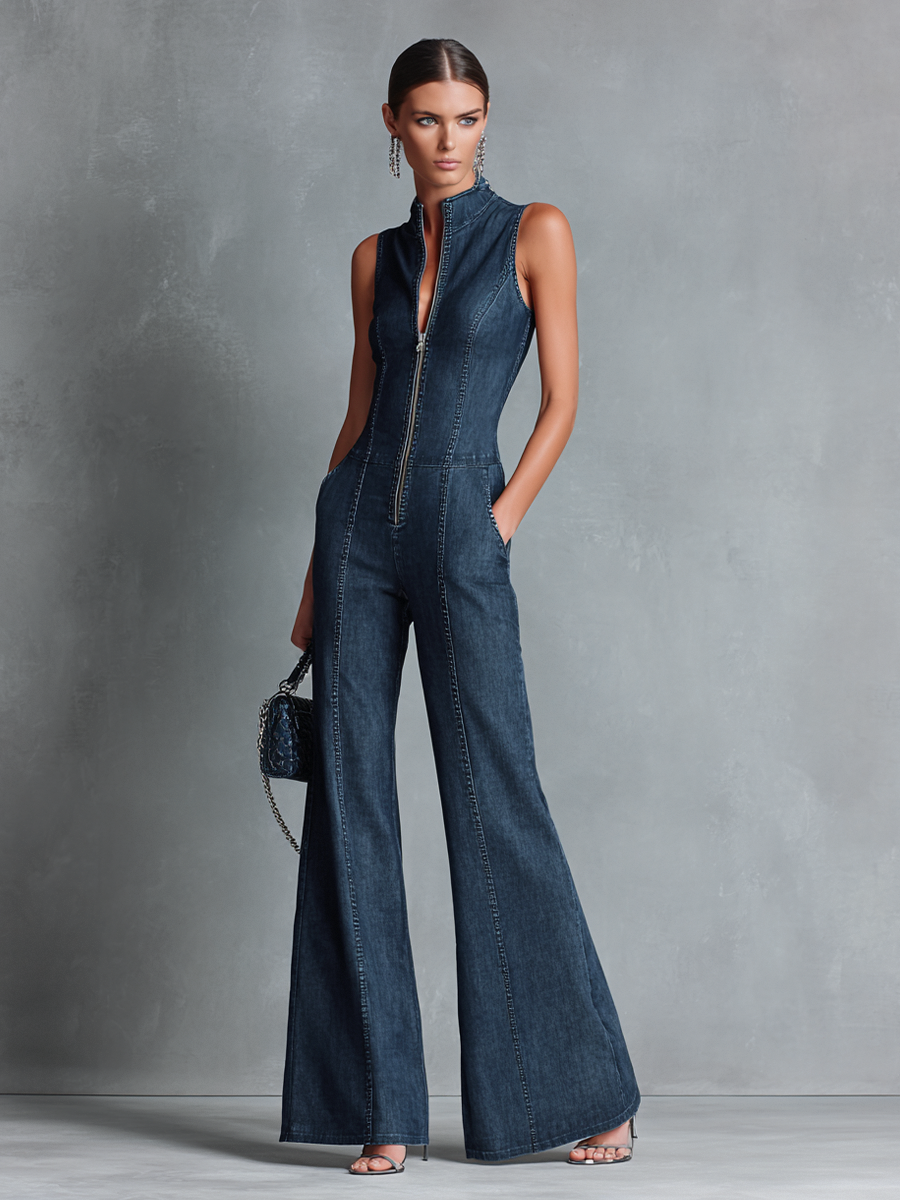 Lana | Sleeveless Jumpsuit with a Flared High Collar in Retro Style and a Zipper at the Front