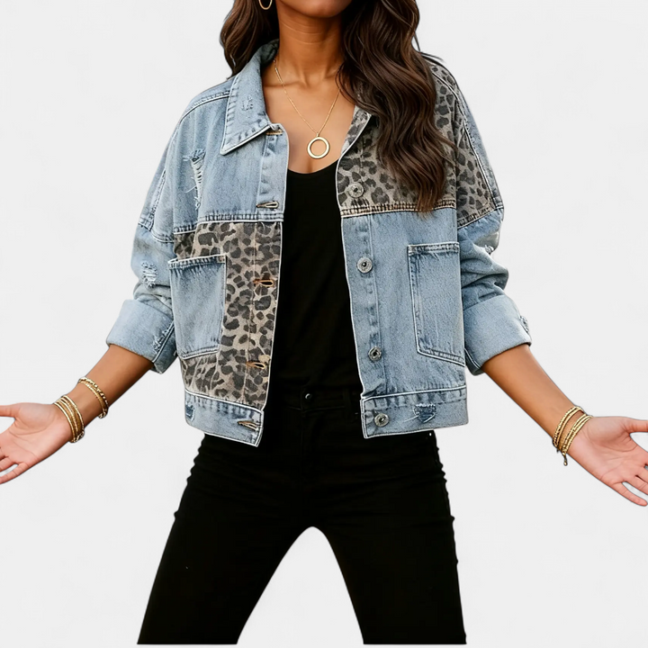 BRECKA™ – Wild Leopard Patch Denim Jacket