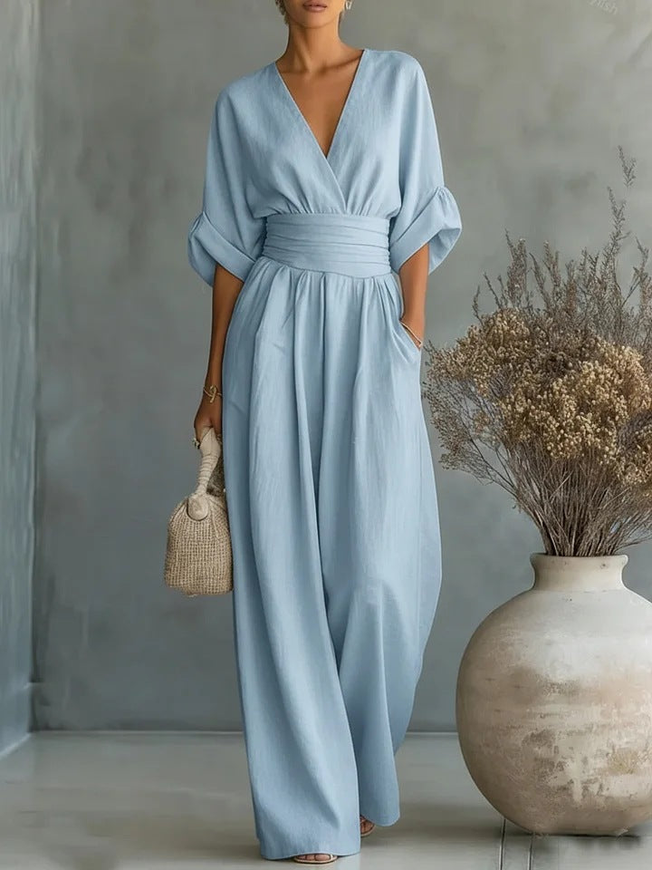 Hillary | Elegant Wide-Leg Fluid V-Neck Jumpsuit