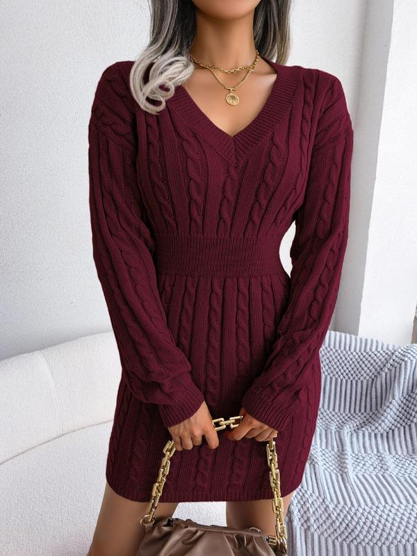 HOLLY™ | Cozy Long Sleeve V-Neck Cable Knit Sweater Dress