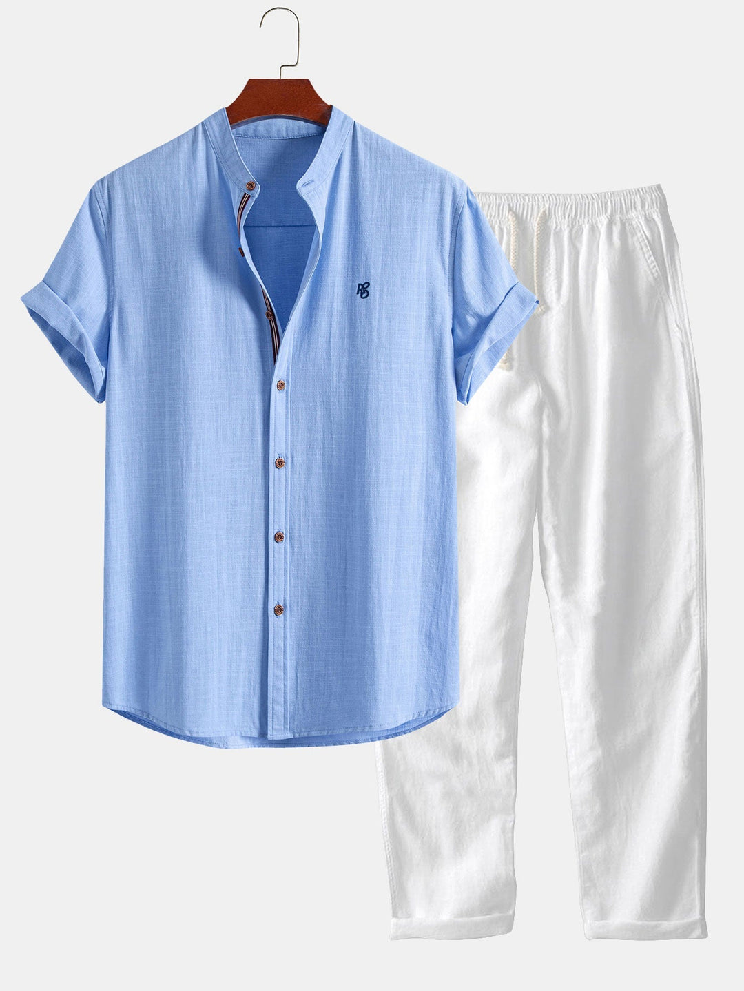 Tom | Short Sleeve Linen Look Stand Collar Shirt & Straight Leg Linen Pants