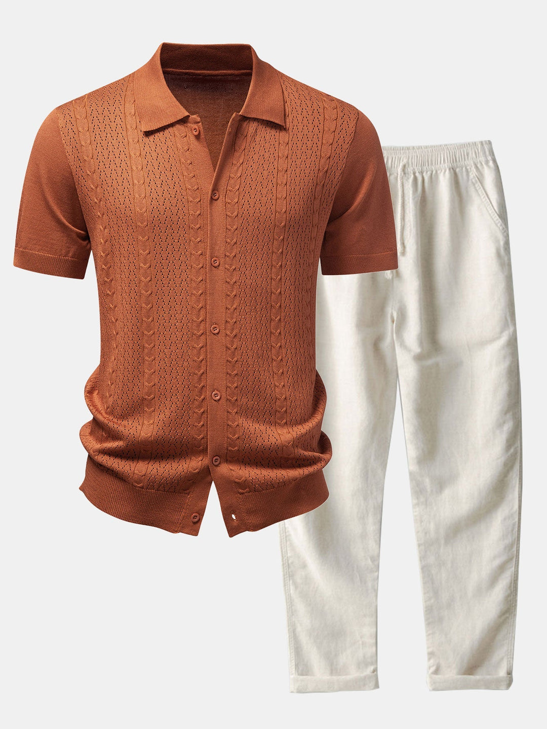 Jalen | Twisted Jacquard Button Up Knit Shirt & Straight Leg Linen Pants